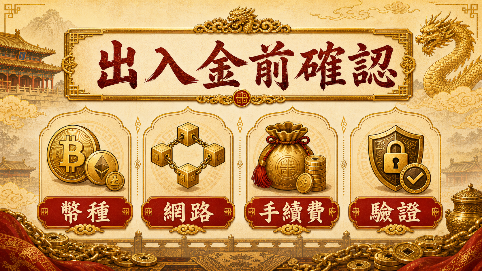 秦皇娛樂城出入金前確認圖，包含幣種、網路、手續費與驗證