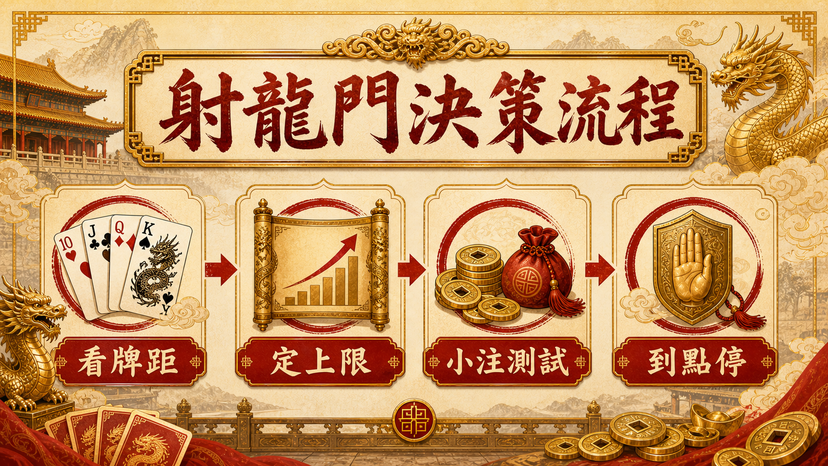 秦皇娛樂城射龍門決策流程圖，包含看牌距、定上限、小注測試與到點停