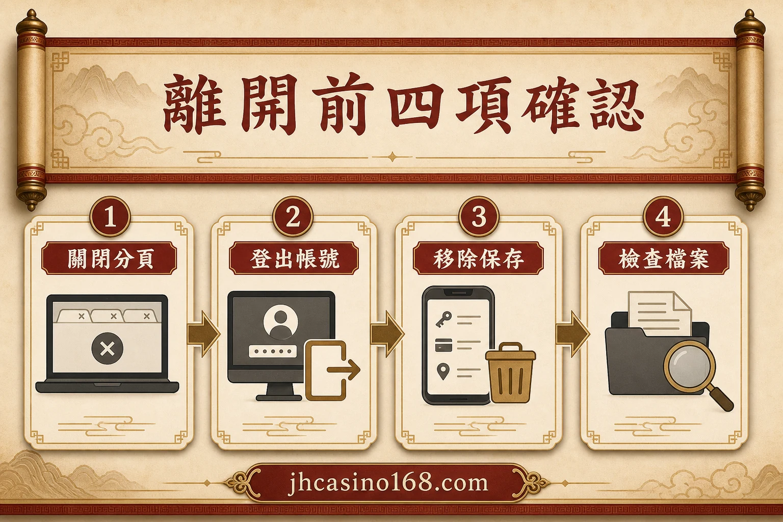 借用電腦或共用手機登入後，登出之外還要檢查哪些資料？｜四步處理圖