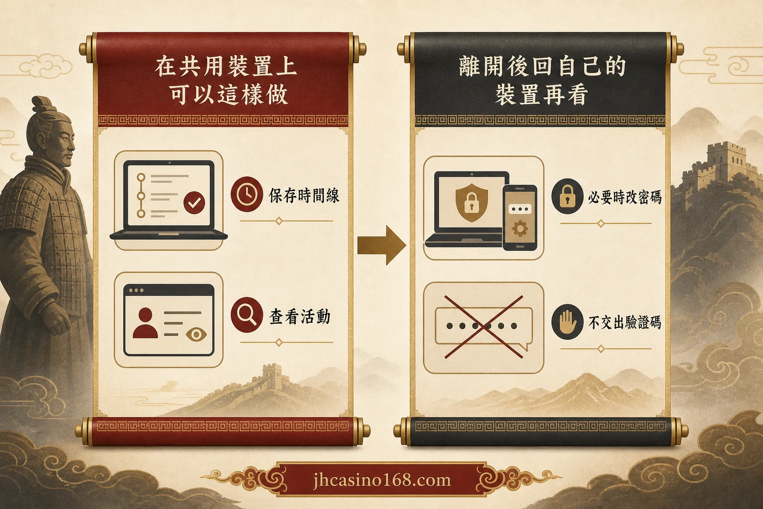 借用電腦或共用手機登入後，登出之外還要檢查哪些資料？｜風險檢查圖