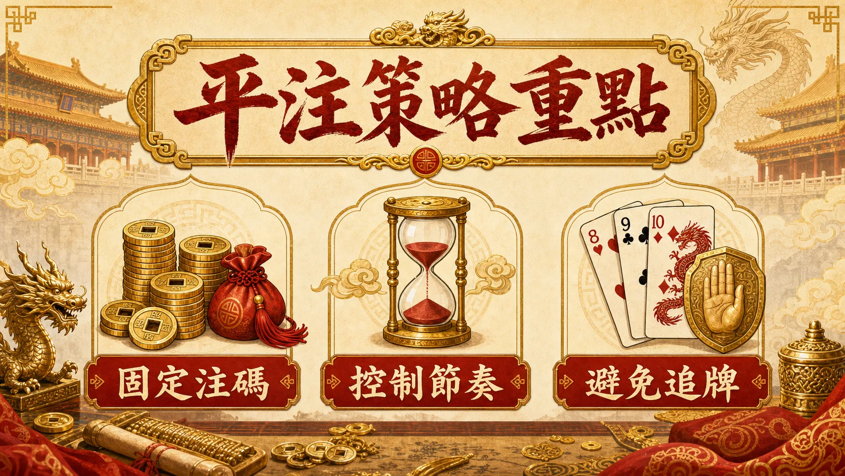 秦皇娛樂城百家樂平注策略重點圖，包含固定注碼、控制節奏與避免追牌
