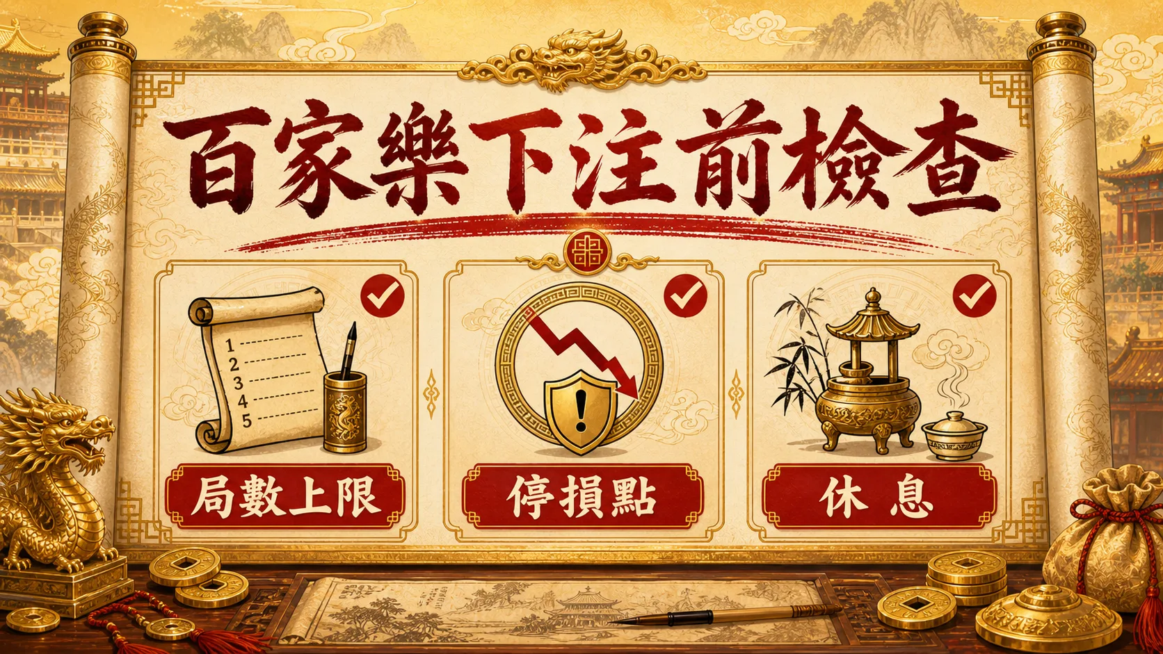秦皇娛樂城百家樂下注前檢查圖，提醒局數上限、停損點與休息